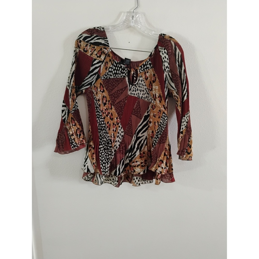 New Directions Pleated Animal Print Blouse Burgundy Brown Medium Bell Sleeve